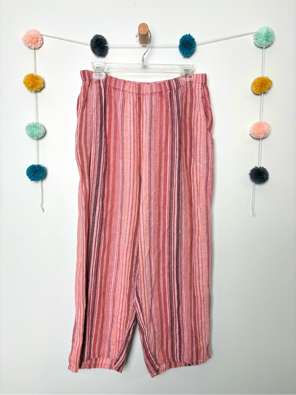 Flax Pink Striped Linen Wide Leg Relaxed Pants